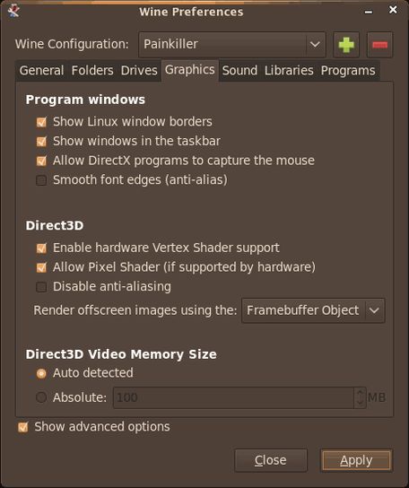 See? Full of nice options. Notice the loaded Painkiller configuration? Yes, that is a game that runs perfectly a Wine, in case someone asks.